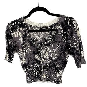 Express, Size Small, White Black Floral Shrug Cardigan, Y2K, Cropped, Knit, EUC